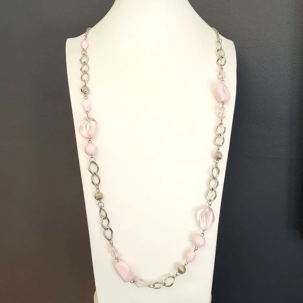 Long silver chain necklace with pink beads